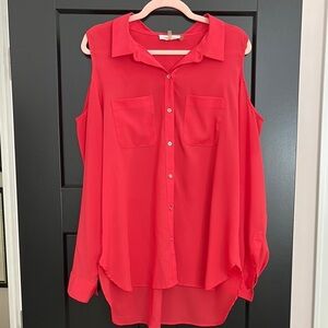 Calvin Klein Bright Red, Long Sleeve Cold Shoulder High/Low Blouse.  Size XL